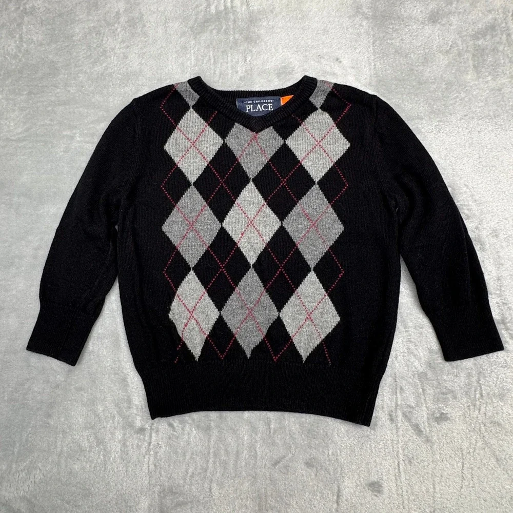 The Childrens Place Boys Argyle V-Neck Sweater Black Grey Red‎ 12-18M